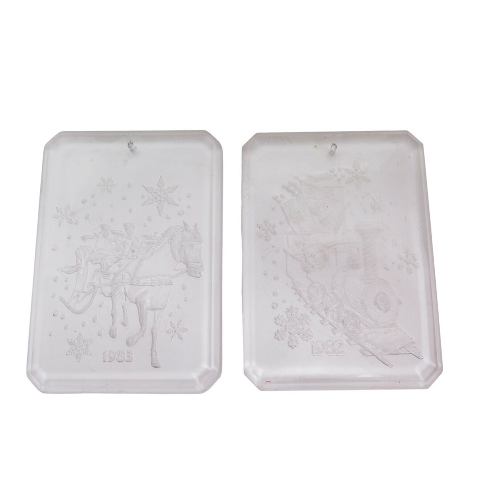 Two Vintage Clear Train, Horse & Sleigh Christmas Tree Window Ornaments Xmas